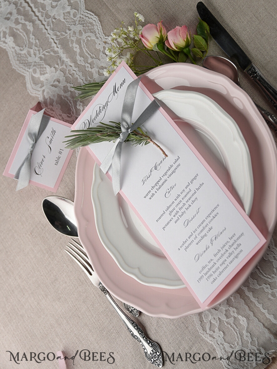 MENU & PROGRAMS rustic and lace Romantic Wedding Menu with Grey Ribbon, Vintage Personalized Menu Cards, Light Grey and Blush Pink Shabby Chic Wedding Menu, Elegant Handmade Wedding Menu Card