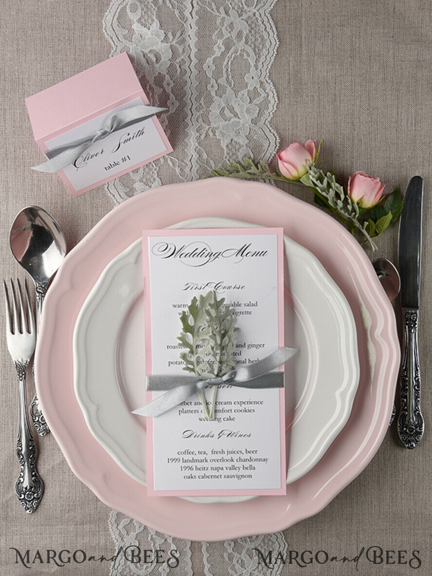 MENU & PROGRAMS rustic and lace Romantic Wedding Menu with Grey Ribbon, Vintage Personalized Menu Cards, Light Grey and Blush Pink Shabby Chic Wedding Menu, Handmade White & Pink Wedding Menu