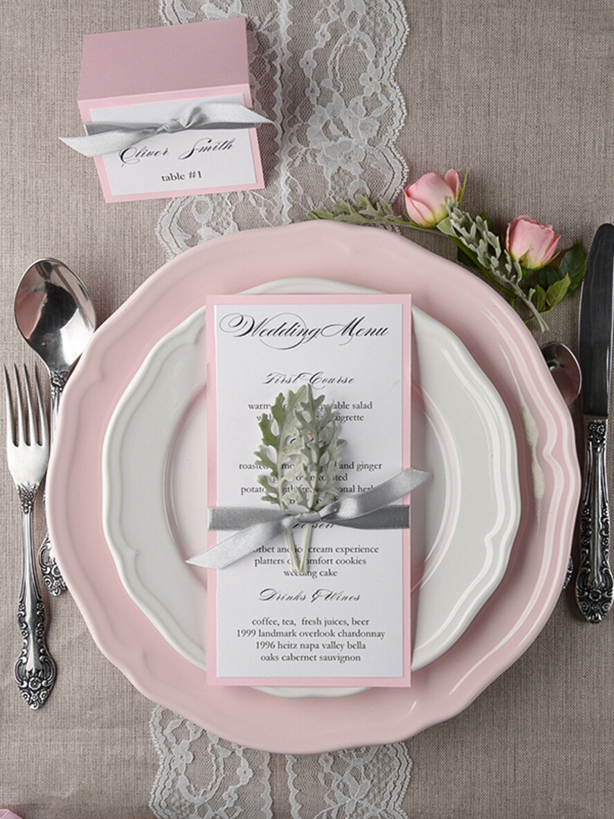 MENU & PROGRAMS rustic and lace Romantic Wedding Menu with Grey Ribbon, Vintage Personalized Menu Cards, Light Grey and Blush Pink Shabby Chic Wedding Menu, Handmade White & Pink Wedding Menu