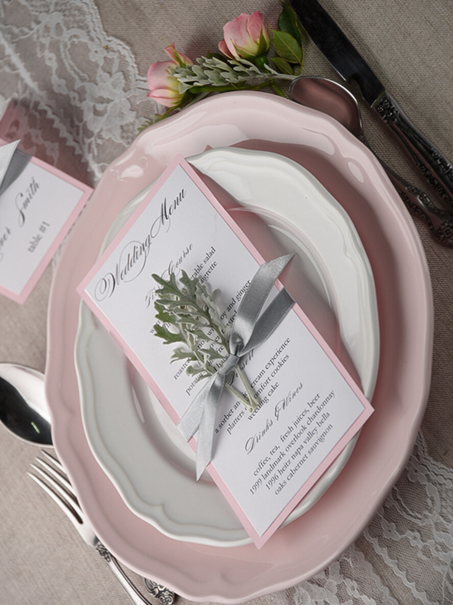 MENU & PROGRAMS rustic and lace Romantic Wedding Menu with Grey Ribbon, Vintage Personalized Menu Cards, Light Grey and Blush Pink Shabby Chic Wedding Menu, Handmade White & Pink Wedding Menu