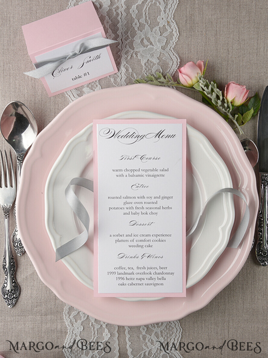MENU & PROGRAMS rustic and lace Romantic Wedding Menu with Grey Ribbon, Vintage Personalized Menu Cards, Light Grey and Blush Pink Shabby Chic Wedding Menu, Handmade White & Pink Wedding Menu