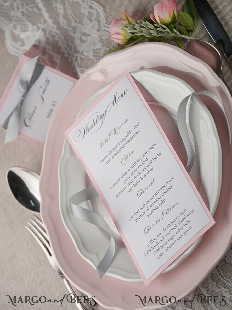 MENU & PROGRAMS rustic and lace Romantic Wedding Menu with Grey Ribbon, Vintage Personalized Menu Cards, Light Grey and Blush Pink Shabby Chic Wedding Menu, Handmade White & Pink Wedding Menu