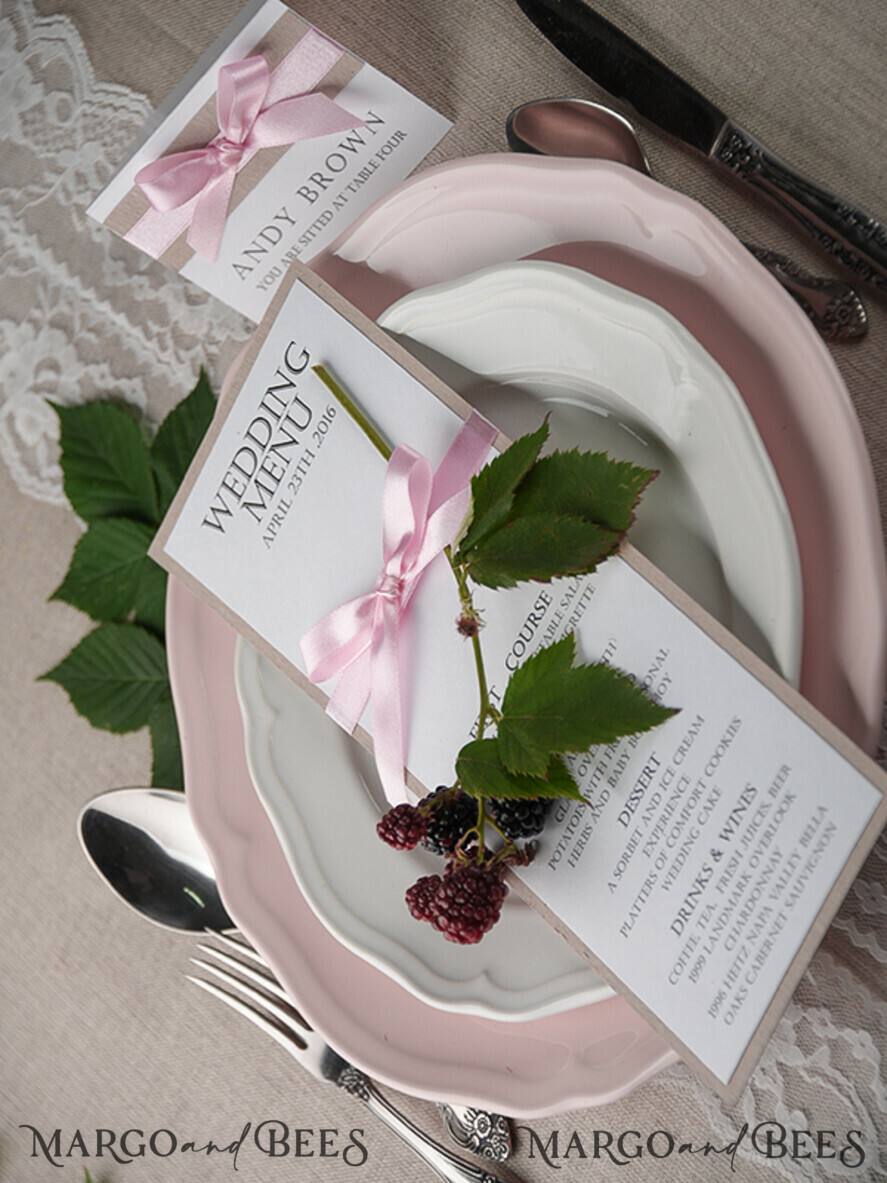 MENU & PROGRAMS rustic and lace Glamour Rustic Wedding Menu, Bespoke Chic Vintage Wedding Menu Cards, Elegant Wedding Menus With Pink Ribbon, Minimalist White And Eco Brown Wedding Menus