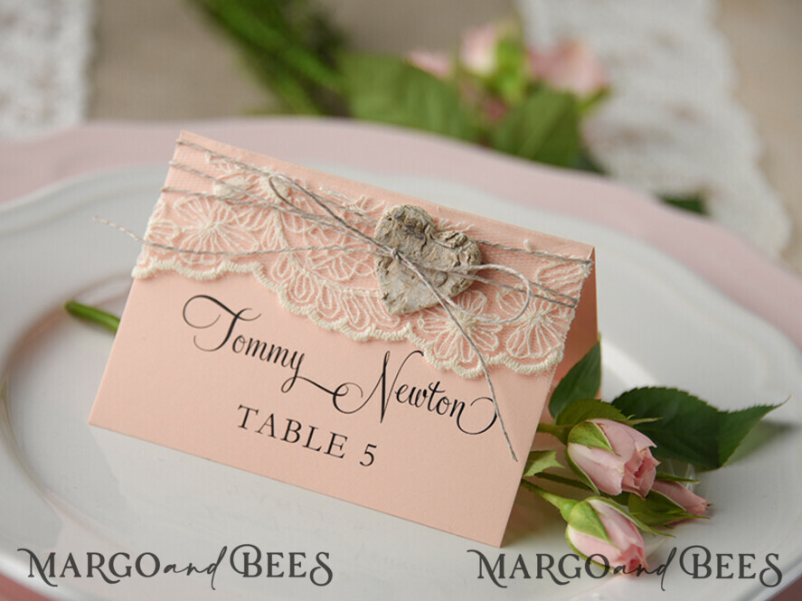 PLACE CARDS / TABLE CARDS rustic and lace Romantic Ecru Lace Wedding Place Cards, Blush Pink Name Tags with Natural Twine and Wooden Heart, Elegant Wedding Stationery, Rustic Escort Cards, Editable Text