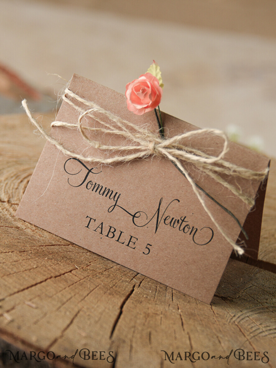 PLACE CARDS / TABLE CARDS rustic and lace Rustic Eco Brown Wedding Place Cards, Delicate Wedding Name Tag with White Rose Decor, Burlap Twine and Rose Decor, Unique Eco Wedding Stationery, Editable Text