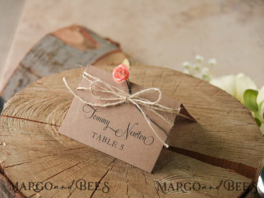 PLACE CARDS / TABLE CARDS rustic and lace Rustic Eco Brown Wedding Place Cards, Delicate Wedding Name Tag with White Rose Decor, Burlap Twine and Rose Decor, Unique Eco Wedding Stationery, Editable Text