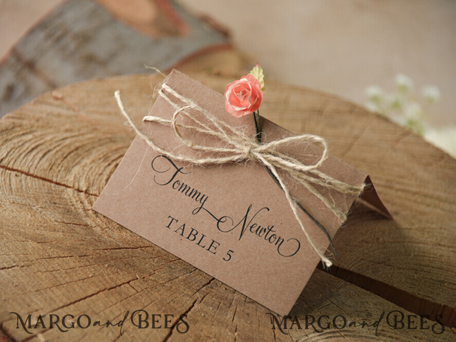 PLACE CARDS / TABLE CARDS rustic and lace Rustic Eco Brown Wedding Place Cards, Delicate Wedding Name Tag with White Rose Decor, Burlap Twine and Rose Decor, Unique Eco Wedding Stationery, Editable Text
