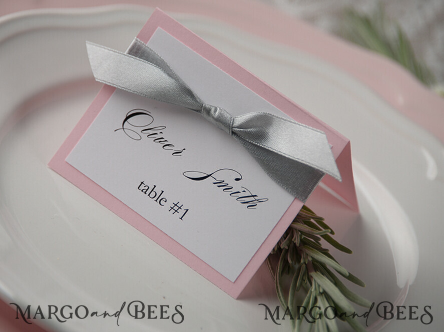 PLACE CARDS / TABLE CARDS rustic and lace Romantic White Minimalist Wedding Table Place Cards with Grey Ribbon, Modern Elegant Botanical Place Card, Glamour Table Cards, Pink Rustic Wedding Name Tag