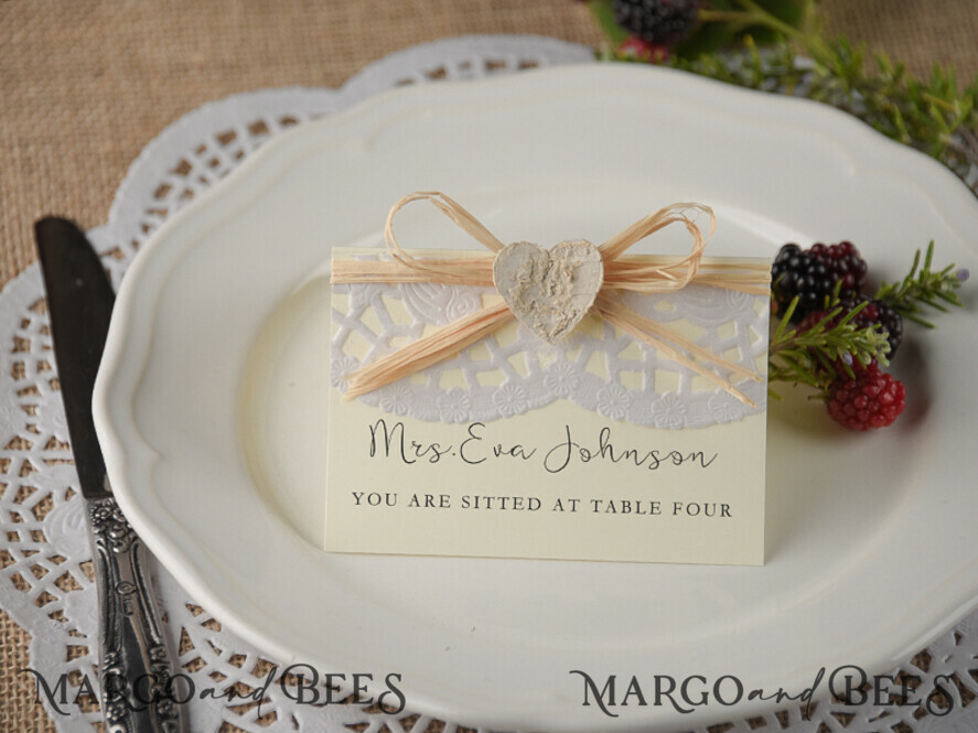 PLACE CARDS / TABLE CARDS rustic and lace Romantic Ecru Lace Wedding Place Cards, Blush Pink Name Tags with Raffia Twine and Wooden Heart, Elegant Wedding Stationery, Rustic Escort Cards, Editable Text