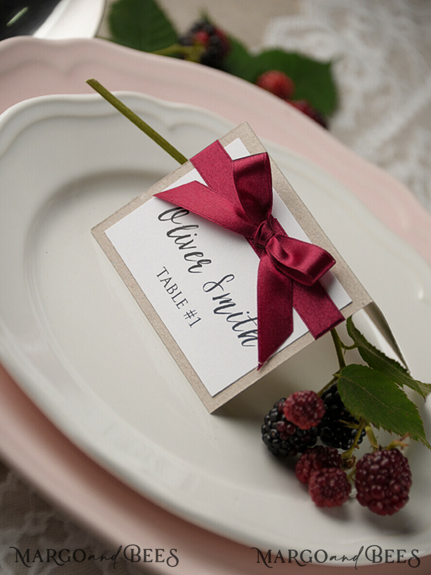 PLACE CARDS / TABLE CARDS rustic and lace Romantic Eco Wedding Place Cards with Marsala Ribbon Bow, Burgundy White and Eco Rustic Wedding Stationery, Elegant Rustic Wedding Place Cards, Editable Wording