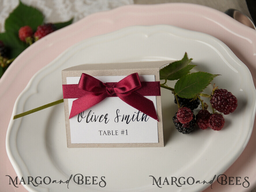 PLACE CARDS / TABLE CARDS rustic and lace Romantic Eco Wedding Place Cards with Marsala Ribbon Bow, Burgundy White and Eco Rustic Wedding Stationery, Elegant Rustic Wedding Place Cards, Editable Wording