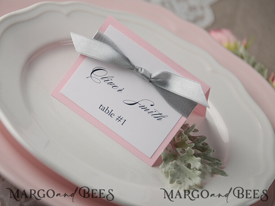PLACE CARDS / TABLE CARDS rustic and lace Romantic Pink Wedding Place Cards, Blush Pink Name Tags with Grey Ribbon Bow, Elegant Wedding Stationery, Rustic Escort Cards, Editable Text, Wedding Signage