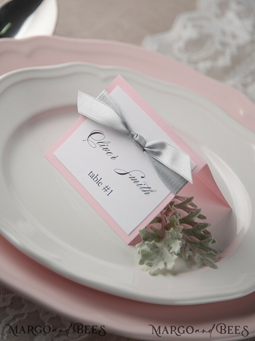 PLACE CARDS / TABLE CARDS rustic and lace Romantic Pink Wedding Place Cards, Blush Pink Name Tags with Grey Ribbon Bow, Elegant Wedding Stationery, Rustic Escort Cards, Editable Text, Wedding Signage