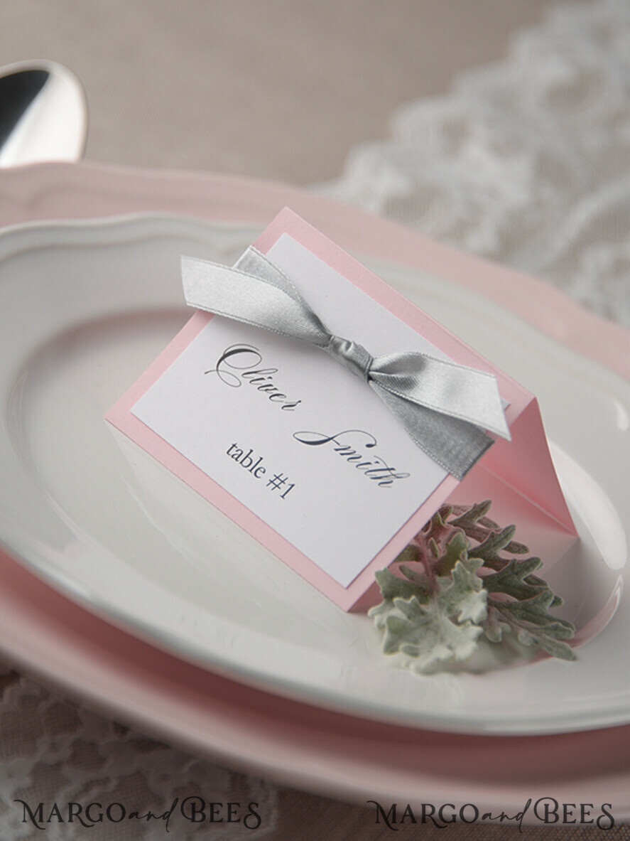 PLACE CARDS / TABLE CARDS rustic and lace Romantic Pink Wedding Place Cards, Blush Pink Name Tags with Grey Ribbon Bow, Elegant Wedding Stationery, Rustic Escort Cards, Editable Text, Wedding Signage