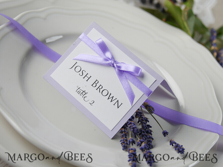 PLACE CARDS / TABLE CARDS rustic and lace Romantic Lavender Wedding Place Cards, Lilac Name Tags, Lavender Ribbon Bow, Elegant Wedding Stationery, Rustic Escort Cards, Editable Text, Wedding Signage