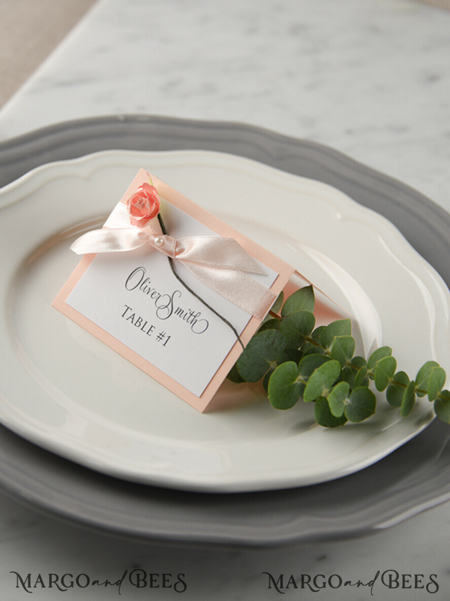 PLACE CARDS / TABLE CARDS rustic and lace Romantic Pink Ribbon Bow Wedding Place Cards, Blush Pink Name Tags with Light Pink Ribbon Bow, Elegant Wedding Stationery, Rustic Escort Cards, Editable Text