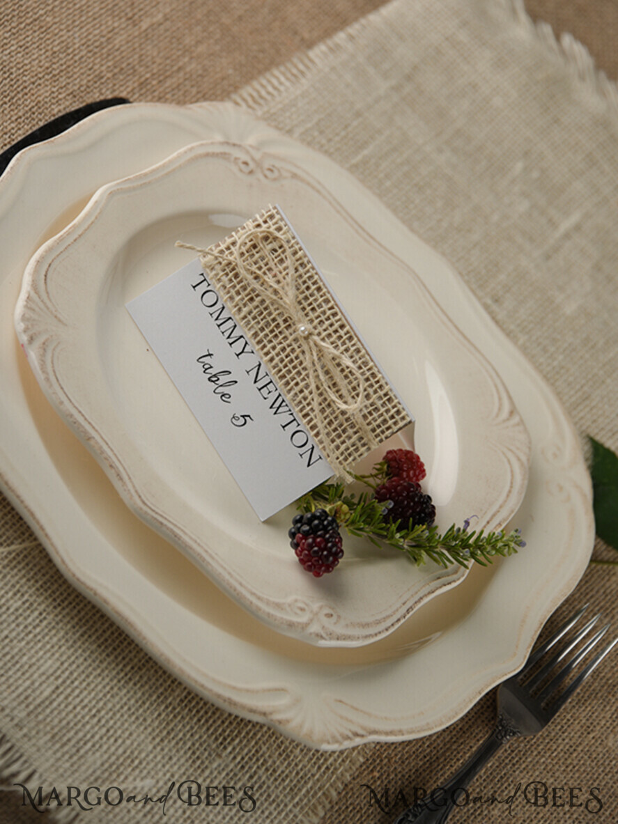 PLACE CARDS / TABLE CARDS rustic and lace Rustic Wedding Place Cards, White and Eco Place Cards, Natural Burlap Twine Wedding Name Cards, Eco Rustic Name Tags, Editable Text, Simple Design Escort Cards