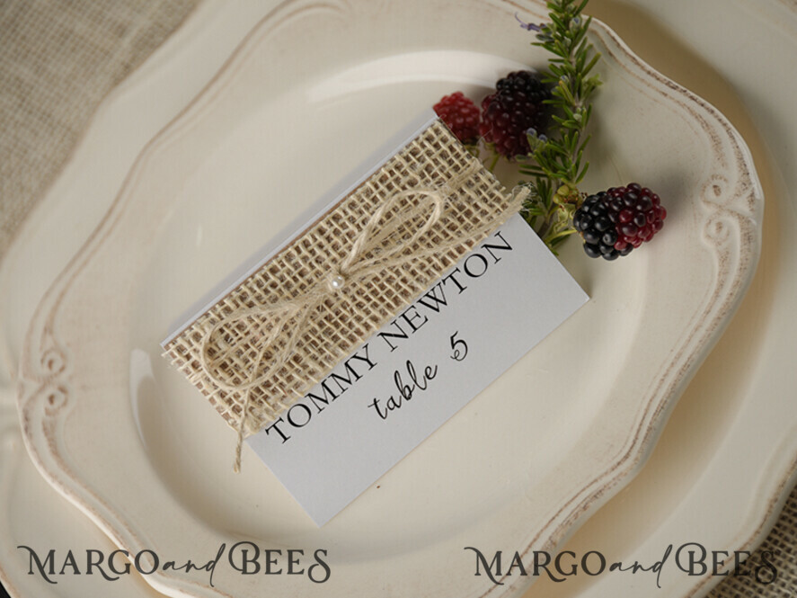 PLACE CARDS / TABLE CARDS rustic and lace Rustic Wedding Place Cards, White and Eco Place Cards, Natural Burlap Twine Wedding Name Cards, Eco Rustic Name Tags, Editable Text, Simple Design Escort Cards
