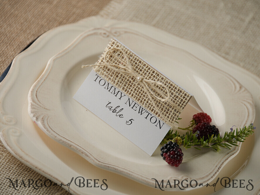 PLACE CARDS / TABLE CARDS rustic and lace Rustic Wedding Place Cards, White and Eco Place Cards, Natural Burlap Twine Wedding Name Cards, Eco Rustic Name Tags, Editable Text, Simple Design Escort Cards