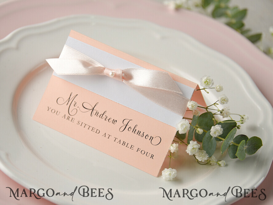 PLACE CARDS / TABLE CARDS rustic and lace Romantic Pink Ribbon Bow Wedding Place Cards, Blush Pink Name Tags with Light Pink Ribbon Bow, Elegant Wedding Stationery, Rustic Escort Cards, Editable Text