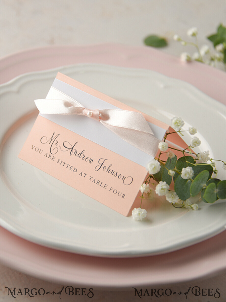 PLACE CARDS / TABLE CARDS rustic and lace Romantic Pink Ribbon Bow Wedding Place Cards, Blush Pink Name Tags with Light Pink Ribbon Bow, Elegant Wedding Stationery, Rustic Escort Cards, Editable Text