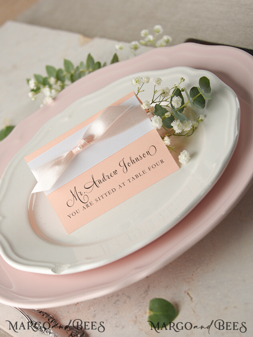 PLACE CARDS / TABLE CARDS rustic and lace Romantic Pink Ribbon Bow Wedding Place Cards, Blush Pink Name Tags with Light Pink Ribbon Bow, Elegant Wedding Stationery, Rustic Escort Cards, Editable Text