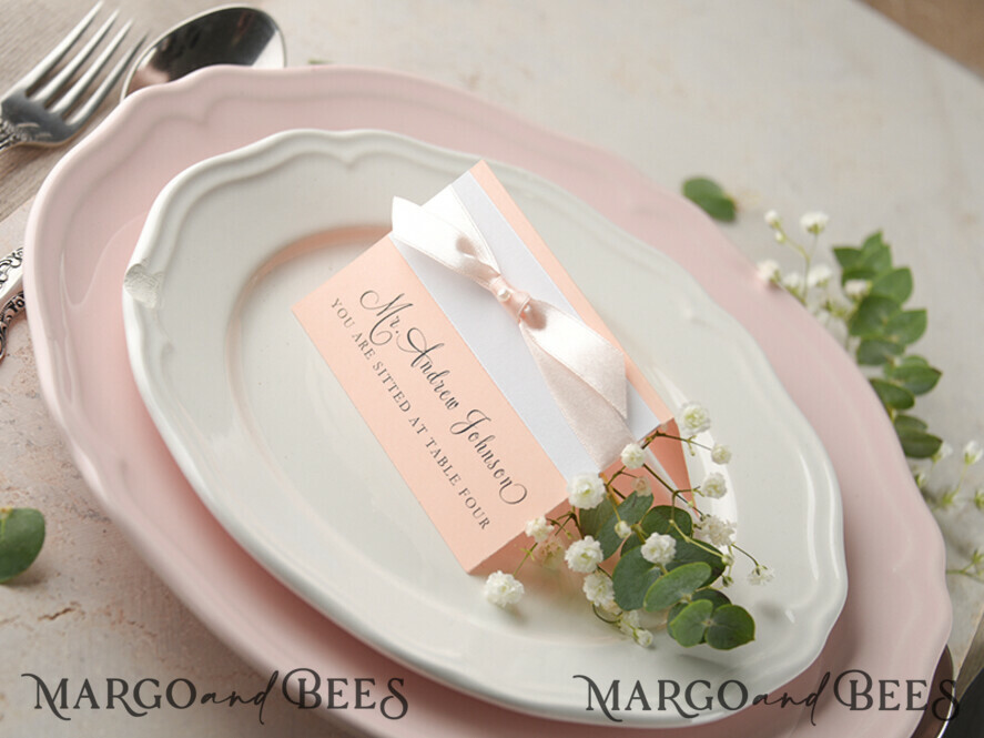 PLACE CARDS / TABLE CARDS rustic and lace Romantic Pink Ribbon Bow Wedding Place Cards, Blush Pink Name Tags with Light Pink Ribbon Bow, Elegant Wedding Stationery, Rustic Escort Cards, Editable Text