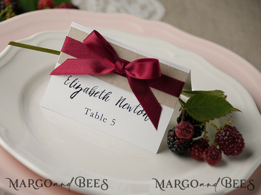 PLACE CARDS / TABLE CARDS rustic and lace Romantic Eco Wedding Place Cards with Marsala Ribbon Bow, Burgundy White and Eco Rustic Wedding Stationery, Elegant Rustic Wedding Place Cards, Editable Wording