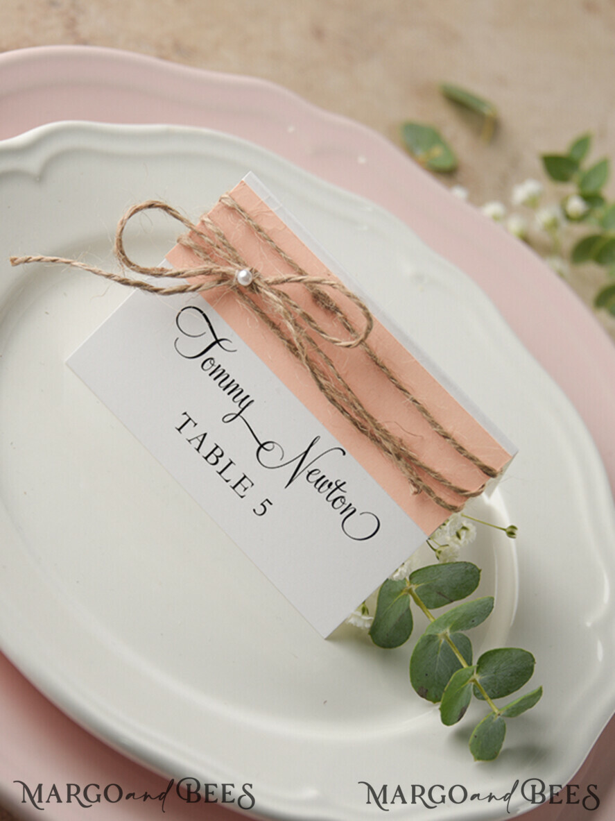 PLACE CARDS / TABLE CARDS rustic and lace Elegant Eco White and Pink Wedding Place Cards with Burlap Twine, White Wedding Name Tags with Burlap Twine and Birch Heart, Rustic Wedding Stationery, Editable