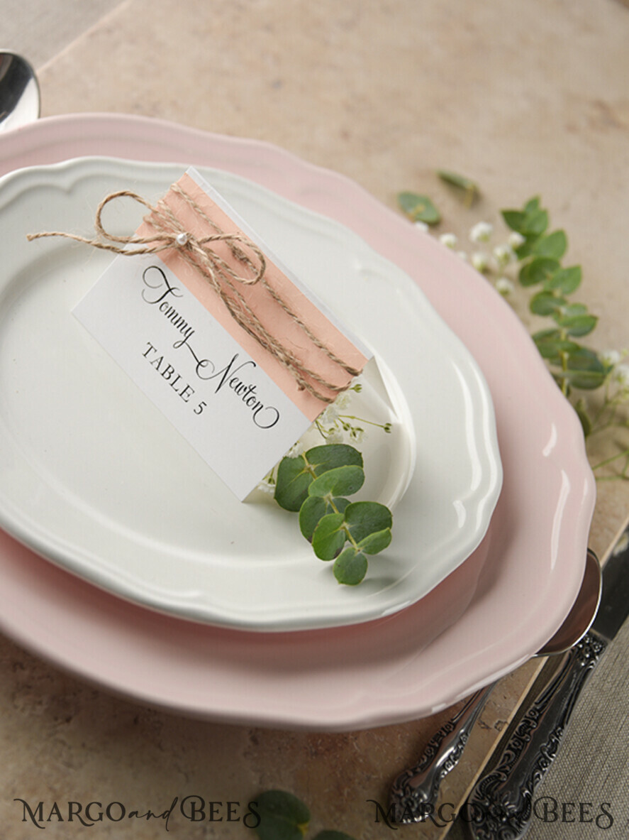 PLACE CARDS / TABLE CARDS rustic and lace Elegant Eco White and Pink Wedding Place Cards with Burlap Twine, White Wedding Name Tags with Burlap Twine and Birch Heart, Rustic Wedding Stationery, Editable