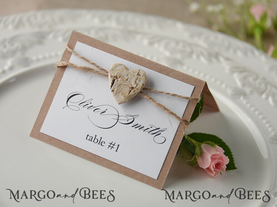 PLACE CARDS / TABLE CARDS rustic and lace Elegant Eco White Wedding Place Cards with Wooden Heart, White Wedding Name Tags with Burlap Twine and Birch Heart, Rustic Wedding Stationery, Editable Text