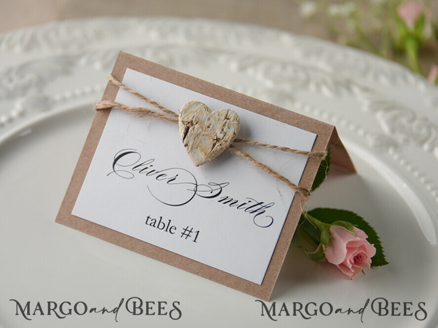 PLACE CARDS / TABLE CARDS rustic and lace Elegant Eco White Wedding Place Cards with Wooden Heart, White Wedding Name Tags with Burlap Twine and Birch Heart, Rustic Wedding Stationery, Editable Text