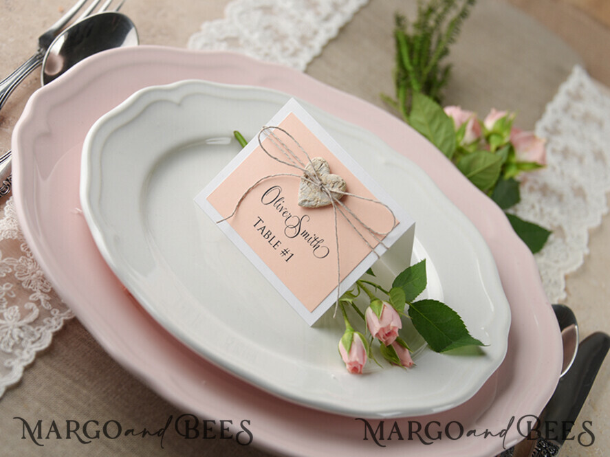 PLACE CARDS / TABLE CARDS rustic and lace Elegant Eco White Wedding Place Cards with Wooden Heart, Pink Wedding Name Tags with Natural Twine and Birch Heart, Rustic Wedding Stationery, Editable Text
