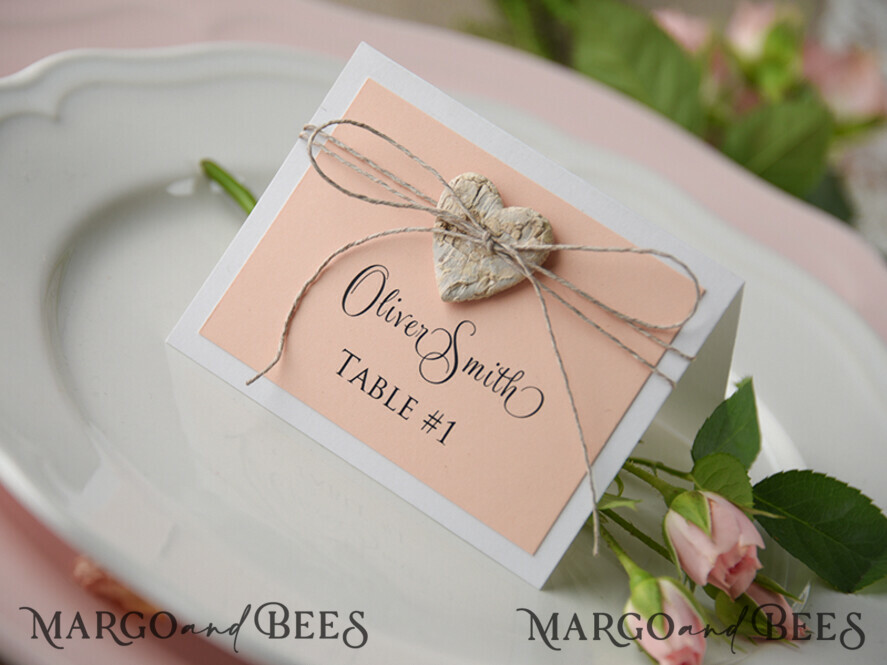 PLACE CARDS / TABLE CARDS rustic and lace Elegant Eco White Wedding Place Cards with Wooden Heart, Pink Wedding Name Tags with Natural Twine and Birch Heart, Rustic Wedding Stationery, Editable Text
