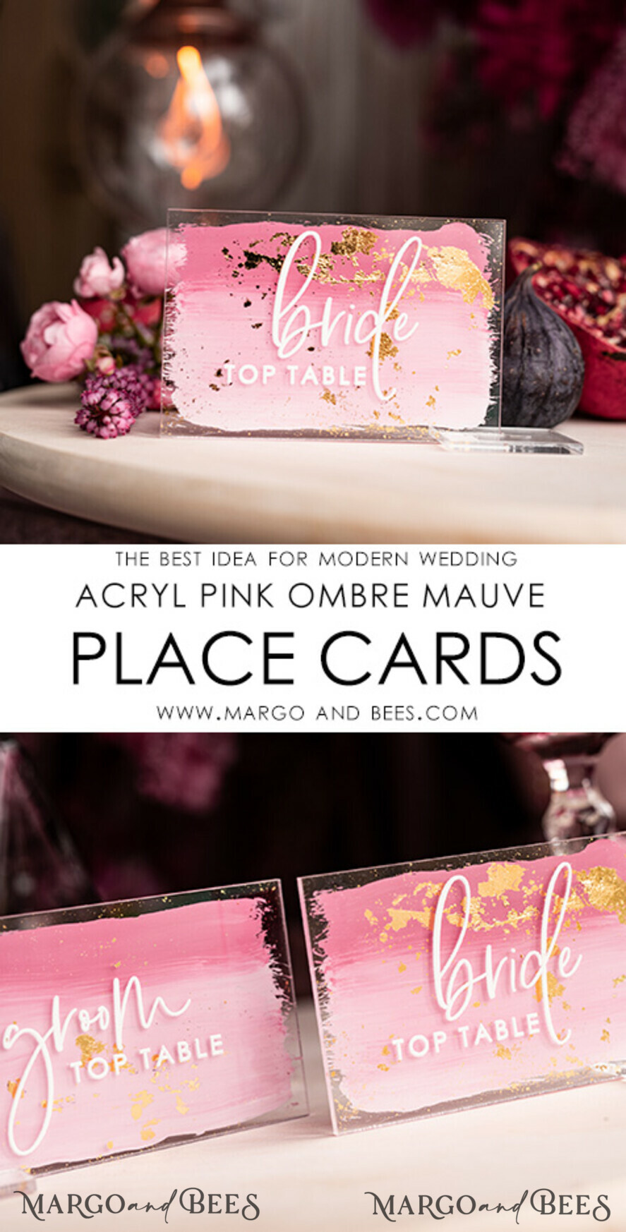 PLACE CARDS / TABLE CARDS Acrylic Gold Clear / Wood 3D Modern Ombre Pale Pink Mauve Acrylic Place card, Wedding Place Cards, Dusty Rose Name Card premium, Transparent Acryl Seating Card, Painted Luxury Escort Cards