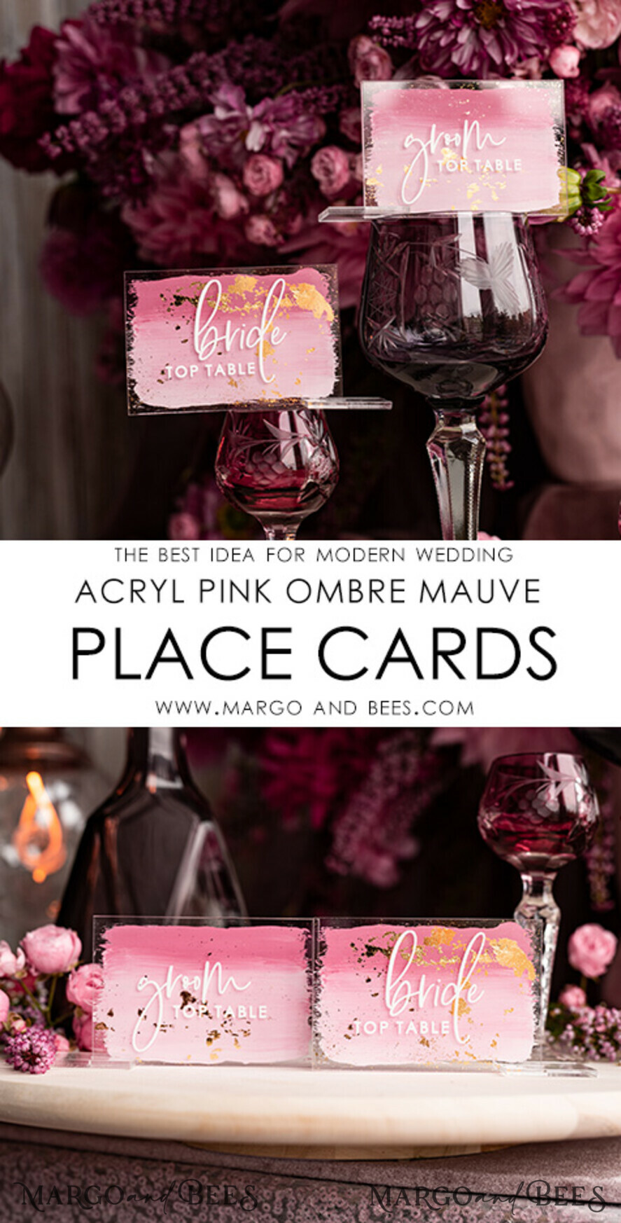 PLACE CARDS / TABLE CARDS Acrylic Gold Clear / Wood 3D Modern Ombre Pale Pink Mauve Acrylic Place card, Wedding Place Cards, Dusty Rose Name Card premium, Transparent Acryl Seating Card, Painted Luxury Escort Cards