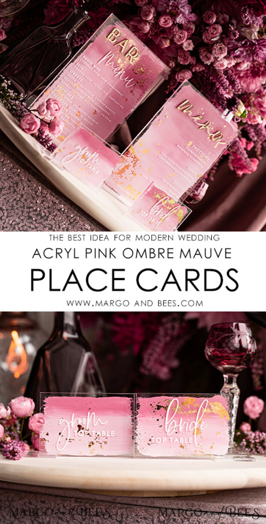 PLACE CARDS / TABLE CARDS Acrylic Gold Clear / Wood 3D Modern Ombre Pale Pink Mauve Acrylic Place card, Wedding Place Cards, Dusty Rose Name Card premium, Transparent Acryl Seating Card, Painted Luxury Escort Cards