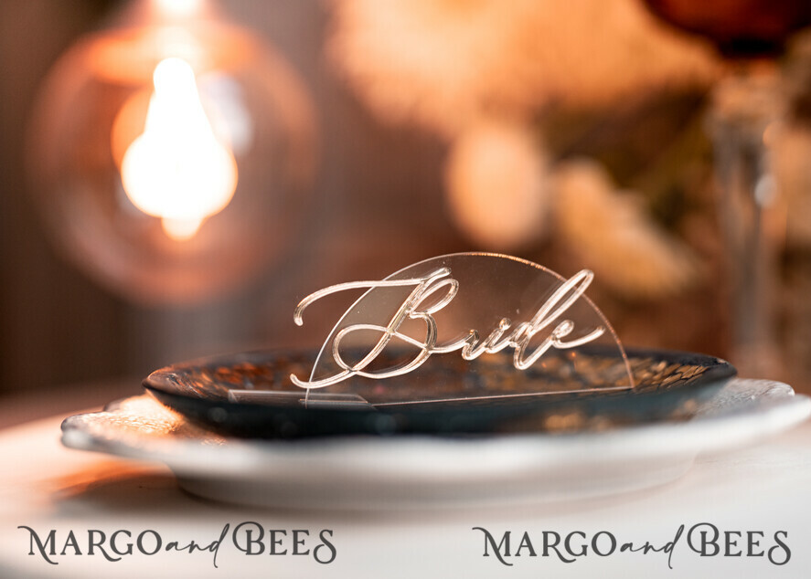 PLACE CARDS / TABLE CARDS Acrylic Gold Clear / Wood 3D Modern Half Arch Acrylic Place Card with Stand, Premium Wedding Seat Cards, Clear Acrylic Name Card, Luxury Seating Card, Gold 3D Guest Names, Editable Text