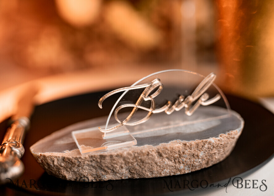 PLACE CARDS / TABLE CARDS Acrylic Gold Clear / Wood 3D Modern Half Arch Acrylic Place Card with Stand, Premium Wedding Seat Cards, Clear Acrylic Name Card, Luxury Seating Card, Gold 3D Guest Names, Editable Text