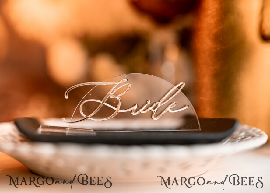 PLACE CARDS / TABLE CARDS Acrylic Gold Clear / Wood 3D Modern Half Arch Acrylic Place Card with Stand, Premium Wedding Seat Cards, Clear Acrylic Name Card, Luxury Seating Card, Gold 3D Guest Names, Editable Text
