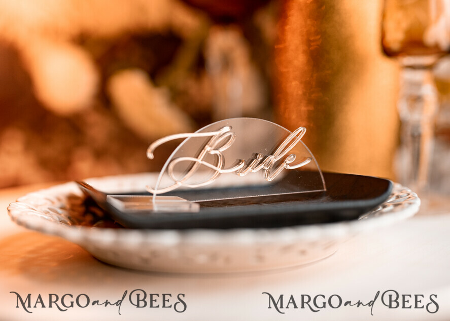 PLACE CARDS / TABLE CARDS Acrylic Gold Clear / Wood 3D Modern Half Arch Acrylic Place Card with Stand, Premium Wedding Seat Cards, Clear Acrylic Name Card, Luxury Seating Card, Gold 3D Guest Names, Editable Text