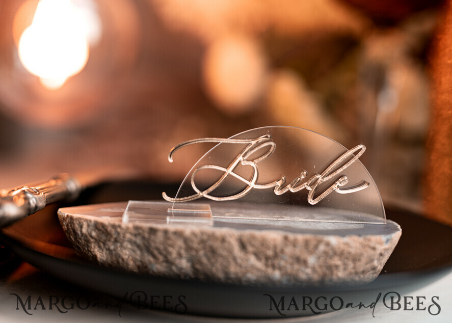 PLACE CARDS / TABLE CARDS Acrylic Gold Clear / Wood 3D Modern Half Arch Acrylic Place Card with Stand, Premium Wedding Seat Cards, Clear Acrylic Name Card, Luxury Seating Card, Gold 3D Guest Names, Editable Text