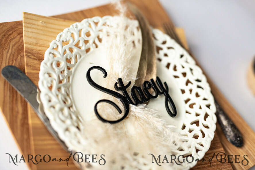 PLACE CARDS / TABLE CARDS Acrylic Gold Clear / Wood 3D Extra Large Name Cards, Custom Elegant Gloss Black Acrylic Place Card, Engraved Name Premium Luxury Seating Card, Simple Black Elegant Names Guest Escort Cards