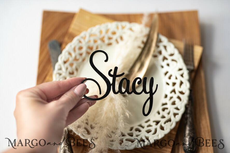PLACE CARDS / TABLE CARDS Acrylic Gold Clear / Wood 3D Extra Large Name Cards, Custom Elegant Gloss Black Acrylic Place Card, Engraved Name Premium Luxury Seating Card, Simple Black Elegant Names Guest Escort Cards