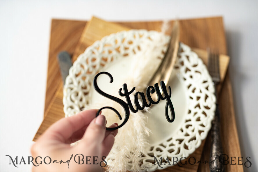 PLACE CARDS / TABLE CARDS Acrylic Gold Clear / Wood 3D Extra Large Name Cards, Custom Elegant Gloss Black Acrylic Place Card, Engraved Name Premium Luxury Seating Card, Simple Black Elegant Names Guest Escort Cards
