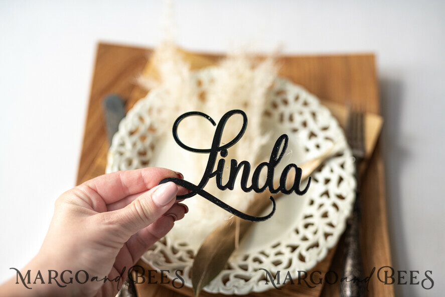 PLACE CARDS / TABLE CARDS Acrylic Gold Clear / Wood 3D Extra Large Name Cards, Custom Elegant Gloss Black Acrylic Place Card, Engraved Name Premium Luxury Seating Card, Simple Black Elegant Names Guest Escort Cards
