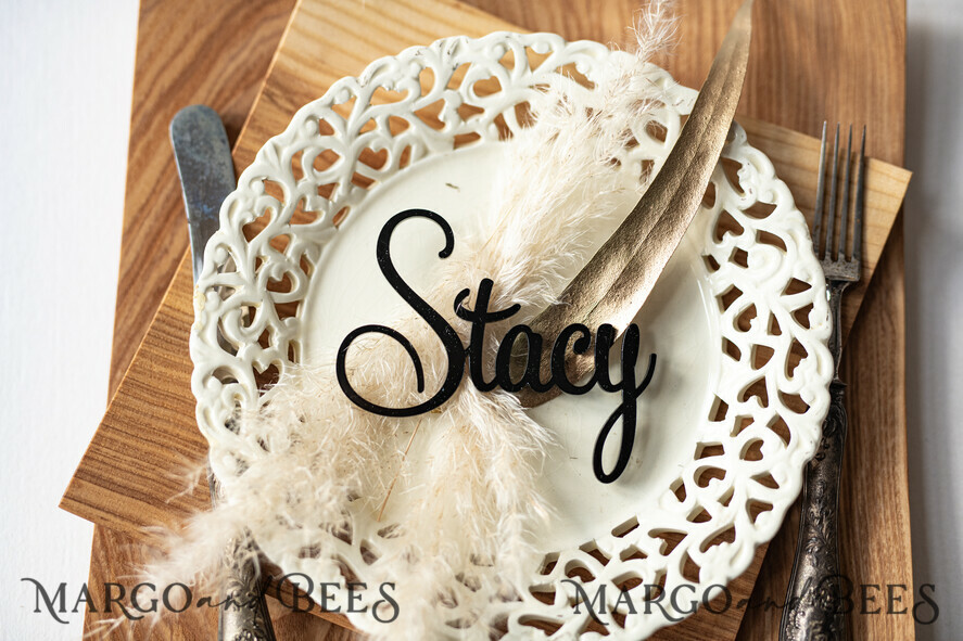 PLACE CARDS / TABLE CARDS Acrylic Gold Clear / Wood 3D Extra Large Name Cards, Custom Elegant Gloss Black Acrylic Place Card, Engraved Name Premium Luxury Seating Card, Simple Black Elegant Names Guest Escort Cards