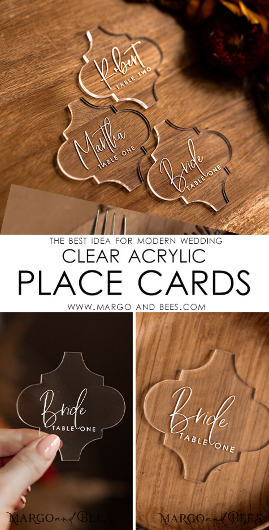 PLACE CARDS / TABLE CARDS Acrylic Gold Clear / Wood 3D Modern Acrylic Place Cards, Wedding Place Cards, Geometric Clear Acryl Name Cards, Premium Luxury Seating Cards, White Wording Transparent Custom Escort Cards