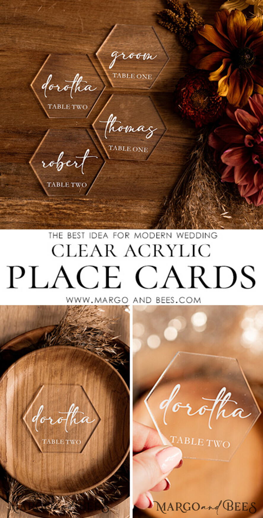 PLACE CARDS / TABLE CARDS Acrylic Gold Clear / Wood 3D Modern Hexagon Acrylic Place Cards, Wedding Place Cards, Geometric Clear Name Card premium, Luxury Seating Card, White Text and Transparent Acrylic Escort Card