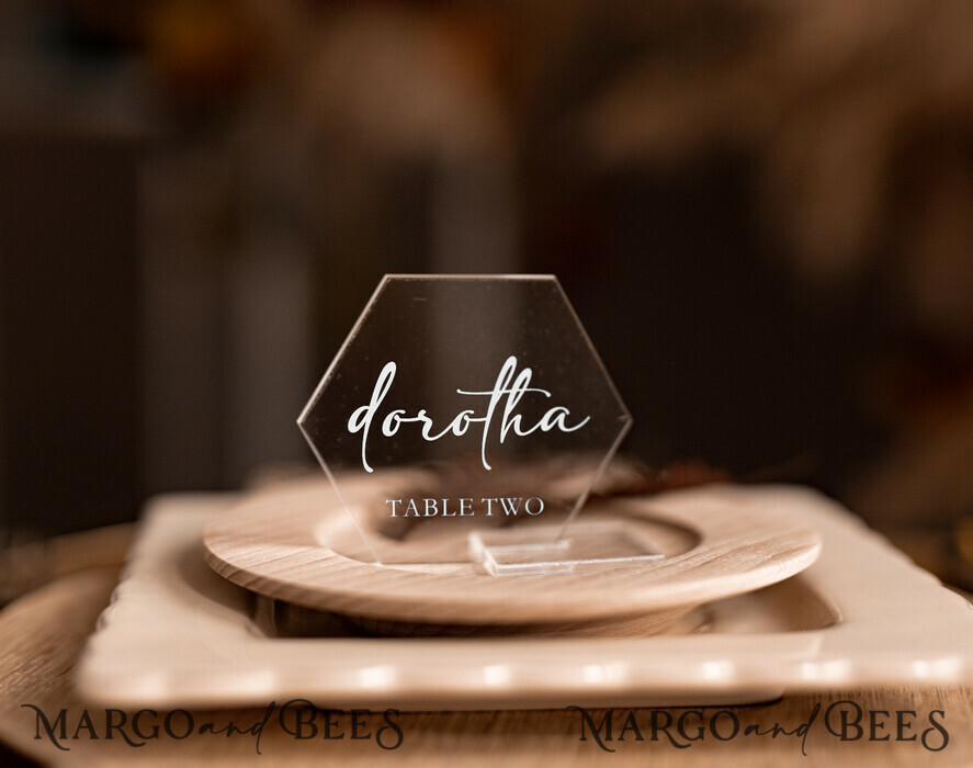PLACE CARDS / TABLE CARDS Acrylic Gold Clear / Wood 3D Modern Hexagon Acrylic Place Cards with Stand, Wedding Place Cards, Geometric Clear Acryl Name Card, Premium Luxury Seating Card, Editable Text Escort Cards